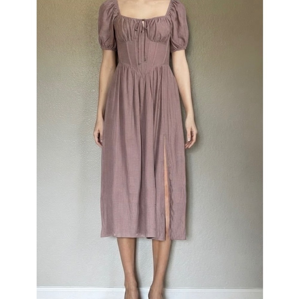 Storia Mauve Pink Corset Milkmaid Midi Dress Puff Sleeve Side Slit JD7401 Medium